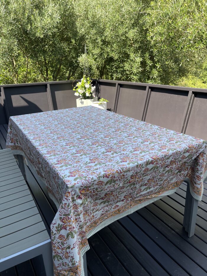 Indian Table Cover: Orange, Sage and White.