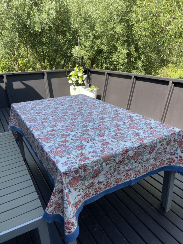 Indian Table Cover: Sage, Coral and Blue Floral.